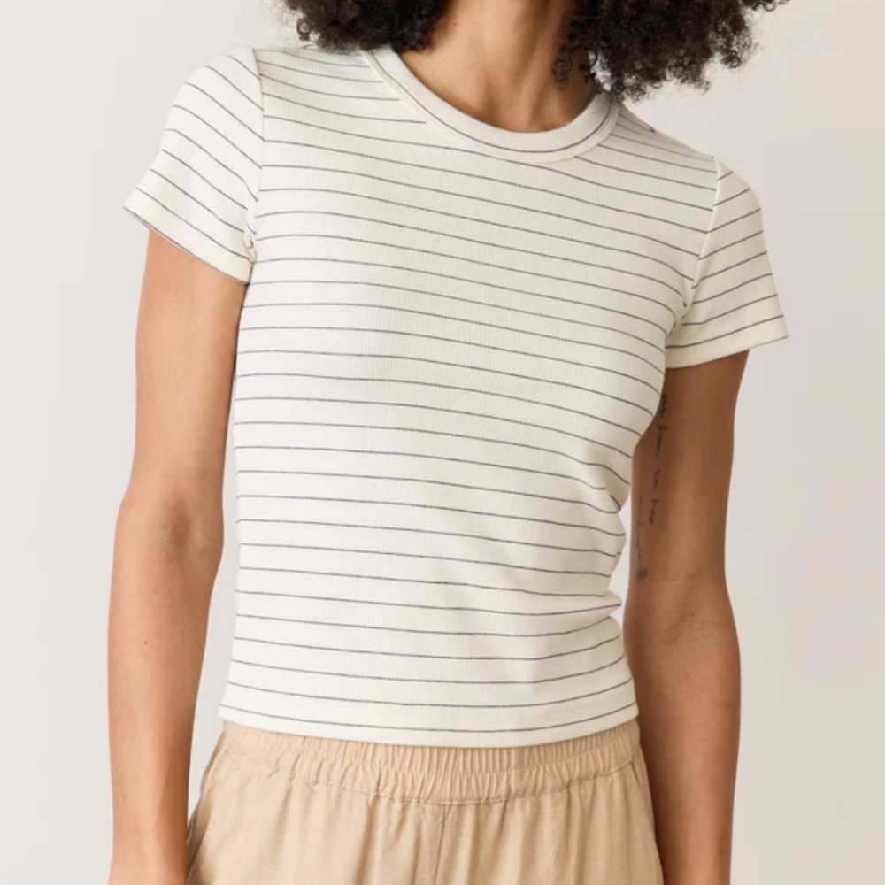 Marine Layer Lexi Rib Sun-In Crew Tee, Size Medium, Black/White Stripe, NWT